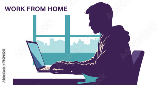 Silhouette of Remote Worker at Desk with Laptop – Work from Home Concept with City View Background and Bold Typography