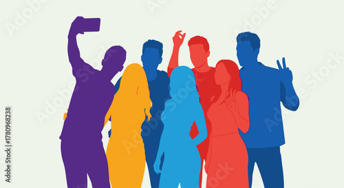 Colorful Silhouettes of Diverse Group Taking a Selfie – Stylized Illustration of Friendship and Social Connection