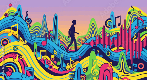 Silhouette of a person walking through a colorful musical landscape.