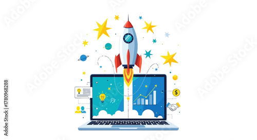 Startup Rocket Launch from Laptop – Symbol of Innovation, Growth, and Digital Success