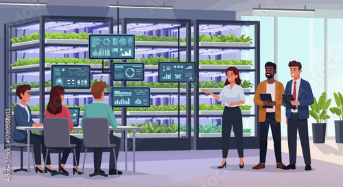 Team of professionals discussing urban farming and technology.
