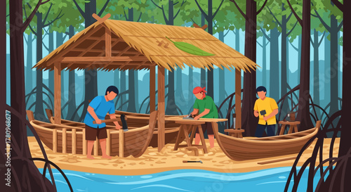 Three Men Constructing Boats Under a Thatched Roof Structure.