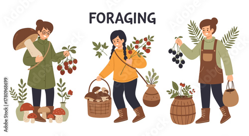 Three women foraging for wild food in nature.