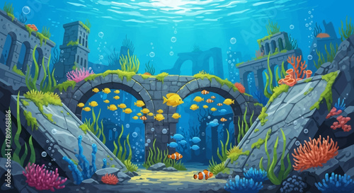 Underwater bridge with colorful fish and coral reefs, a beautiful scene.