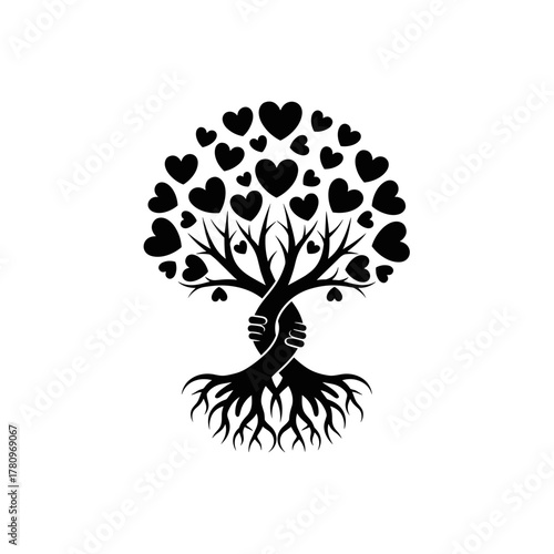 Tree of harmony and love with hearts and united hands icon