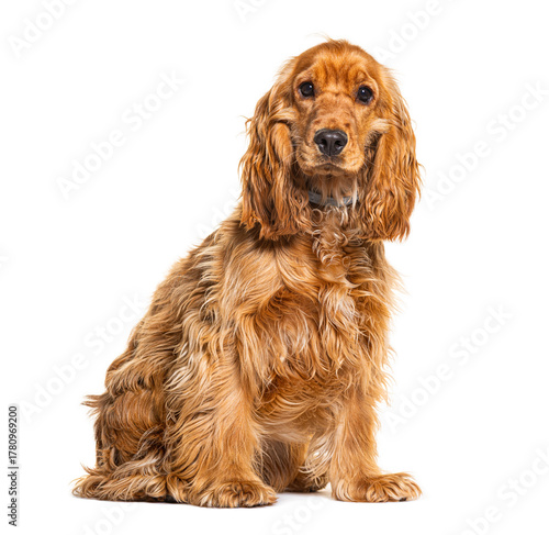 Foto English cocker spaniel sitting and looking at camera, isolated on white