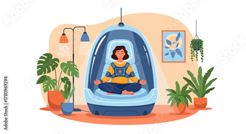Woman meditating in a futuristic pod for relaxation and wellness.