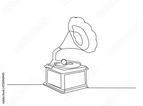 Classic Gramaphone outline draw illustration. Continuous line art drawing of Vintage Gramaphone player. Editable stroke.