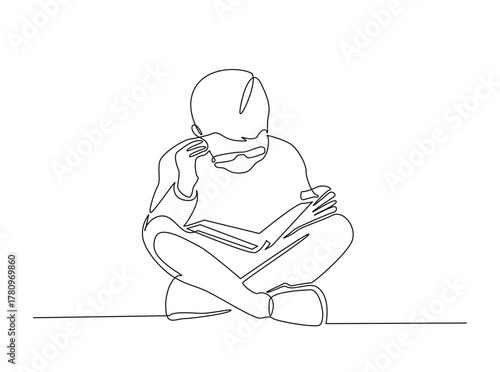 Young boy reading book outline draw illustration. Continuous line art drawing of smart boy sitting and reading book. Editable stroke.