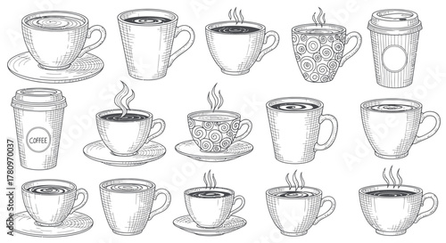 Line art of steaming hot coffee mugs, ideal for café branding, menu design, or cozy lifestyle projects