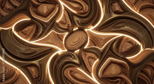Fototapeta Naklejka Na Ścianę i Meble -  Intricate wooden art with swirling shapes and glowing lines creating an abstract layered aesthetic