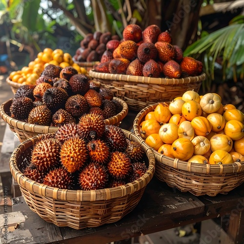 Wallpaper Mural Assortment of fresh fruits displayed in woven baskets on a wooden table Torontodigital.ca