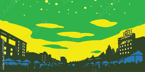 Cityscape festival with tents and buildings at dusk