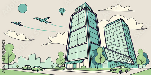 Cityscape with Modern Buildings and Airplanes architecture