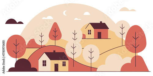 Cozy countryside scene with houses and trees rural