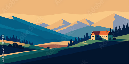 Serene Mountain Valley Landscape with House at Sunset
