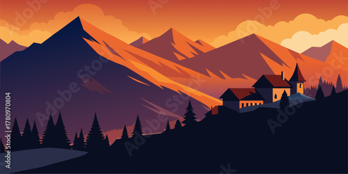 Rustic Houses on a Hillside with Fiery Mountain Backdrop