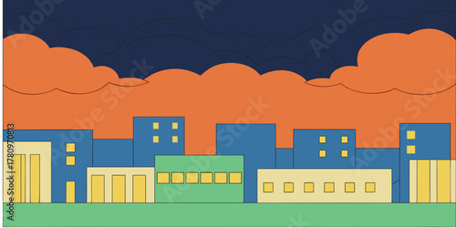 Simple cityscape with blue buildings and orange sky