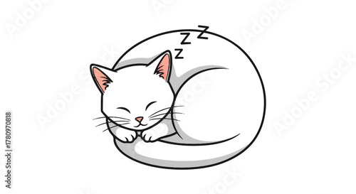 Cute Outline Illustration of a Cat Curled Up and Sleeping Peacefully, Symbolizing Relaxation, Comfort, and Pets