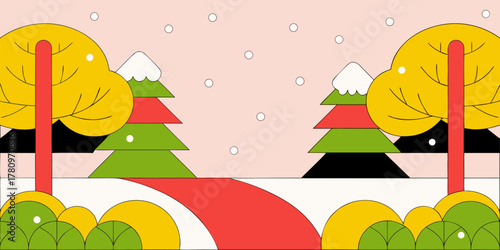 Stylized winter landscape with trees and snow forest