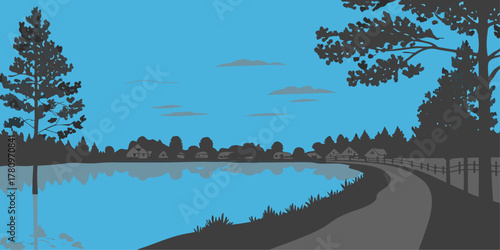 Tranquil Lakeside Village Scene water reflection