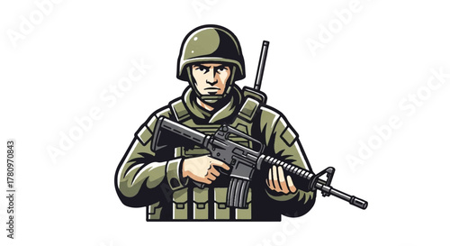 Detailed Illustration of a Military Soldier in Uniform with a Rifle and Helmet, Representing Army, War, and Security