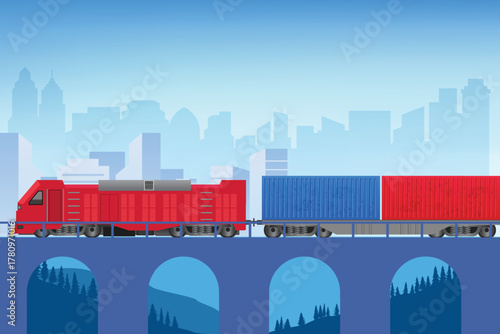 Cargo railway wagon with containers shipping, with city background
