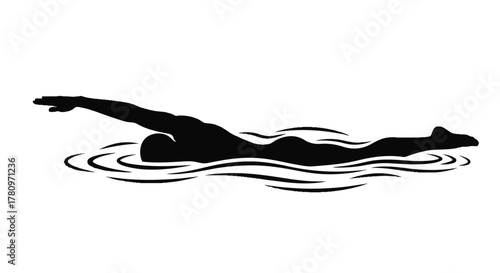 Monochrome Silhouette of a Swimmer Performing a Stroke in the Water, Representing Sport, Exercise, and Movement