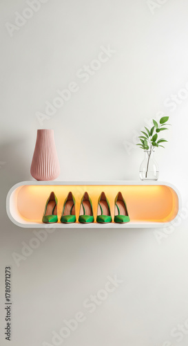 Modern Wall Shelf Decor, Glowing Cubby Green High Heels Pink Vase