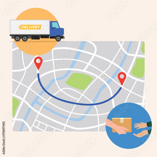 Delivery service truck on map background, courier give box package to customer