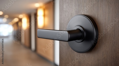 Close-up of a sleek black door handle on a wooden door in a hotel corridor, showcasing modern design and elegance.