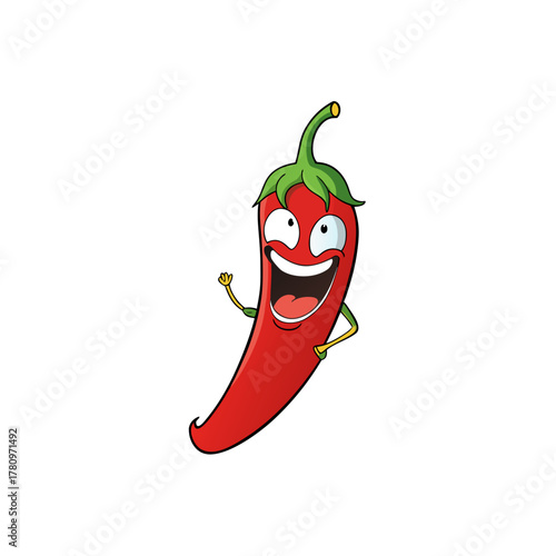 Funny cartoon red chili pepper winking and waving isolated on white background