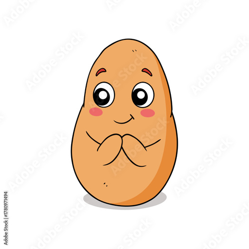 Adorable cartoon potato character with praying hands isolated on white background
