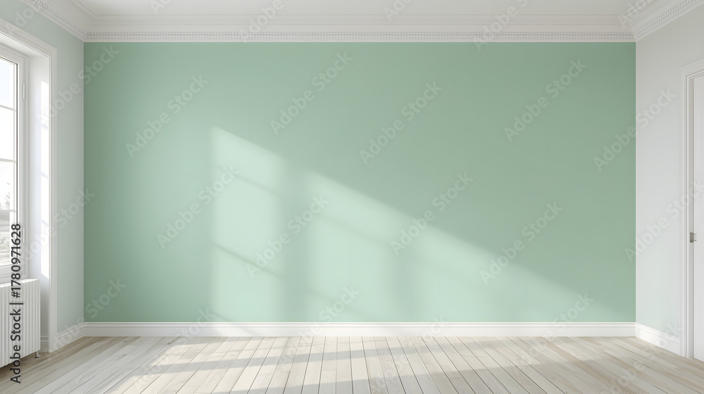 Fototapeta premium Empty Minimalist Interior Room with Mint Green Wall and Sunlight Shadows