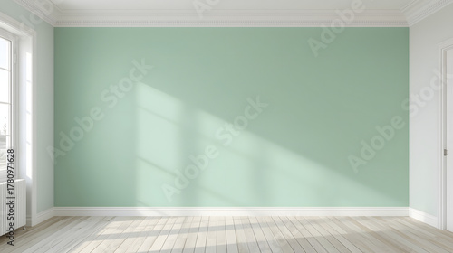 Empty Minimalist Interior Room with Mint Green Wall and Sunlight Shadows