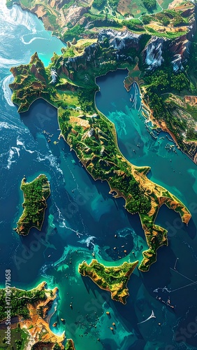 Bird's-eye view of a coastal country, showing land and sea