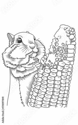 Line art black and white drawing of a squirel eating corn on the cob