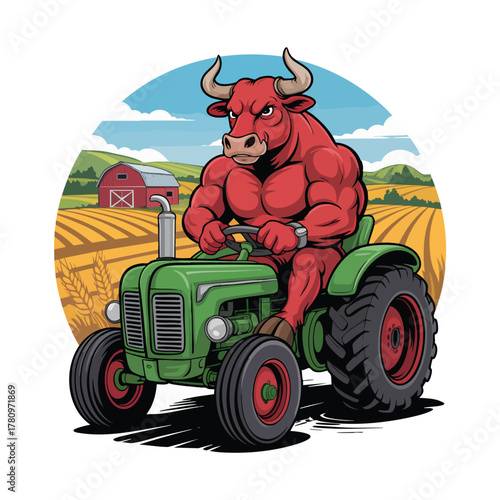 Strong Red Bull Farmer Driving Tractor Vector Illustration