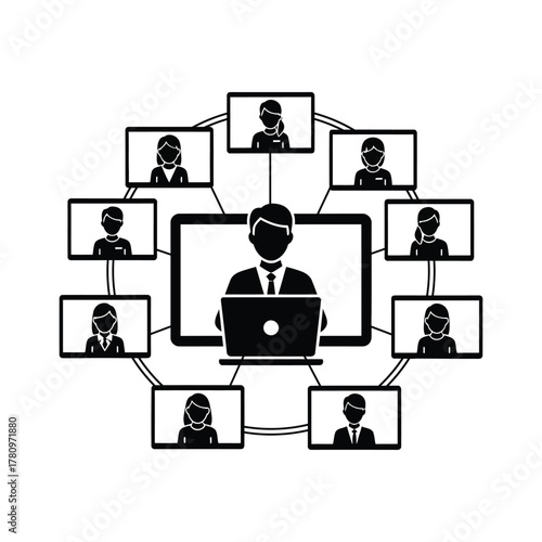 Virtual Team Collaboration in Video Conference Call. Remote Team Meeting on Multiple Digital Screens. Modern Workforce Digital Connection Concept.