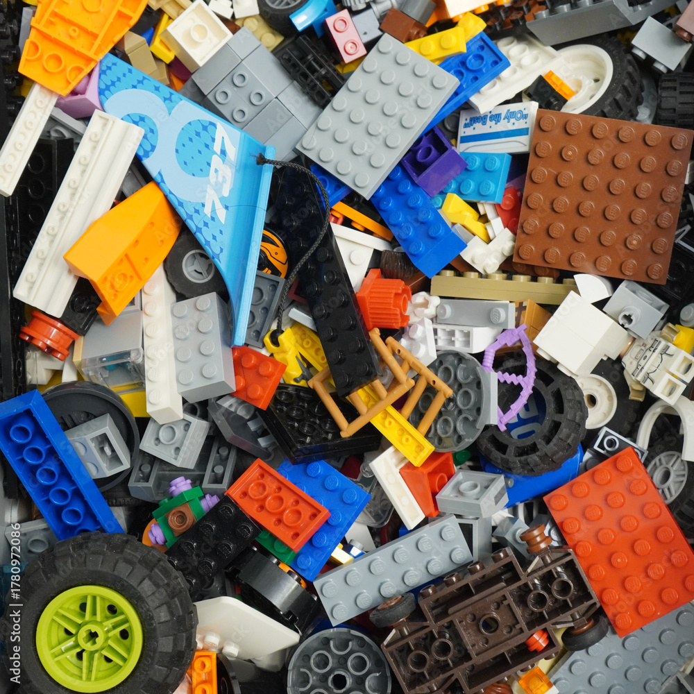 Fototapeta premium Colorful assortment of toy building blocks for creative construction and play