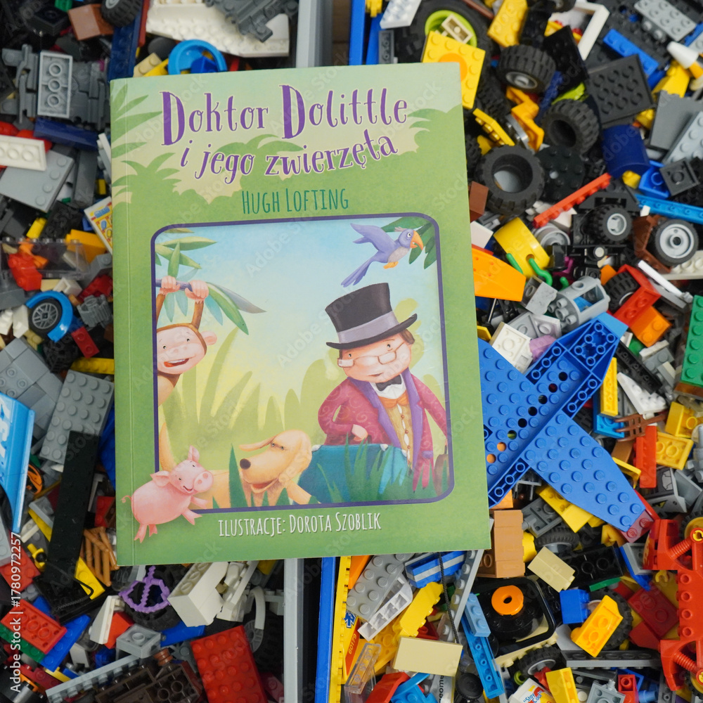 Obraz premium Doctor Dolittle and His Animals book cover with colorful toy blocks background