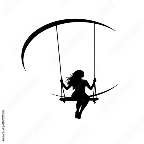 Silhouette of a girl swinging on a crescent moon dreamy and whimsical scene.