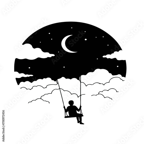 Silhouette of a person swinging under a crescent moon and stars with clouds below.
