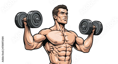 Ripped Male Bodybuilder Performing a Bicep Dumbbell Curl Exercise, Highlighting Muscle Definition and Strength