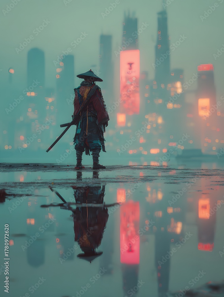 Fototapeta premium Mystical Samurai in Urban Landscape: Neon Lights Silhouetting Traditional Attire Amidst Luminous City Skyline and Reflective Puddles