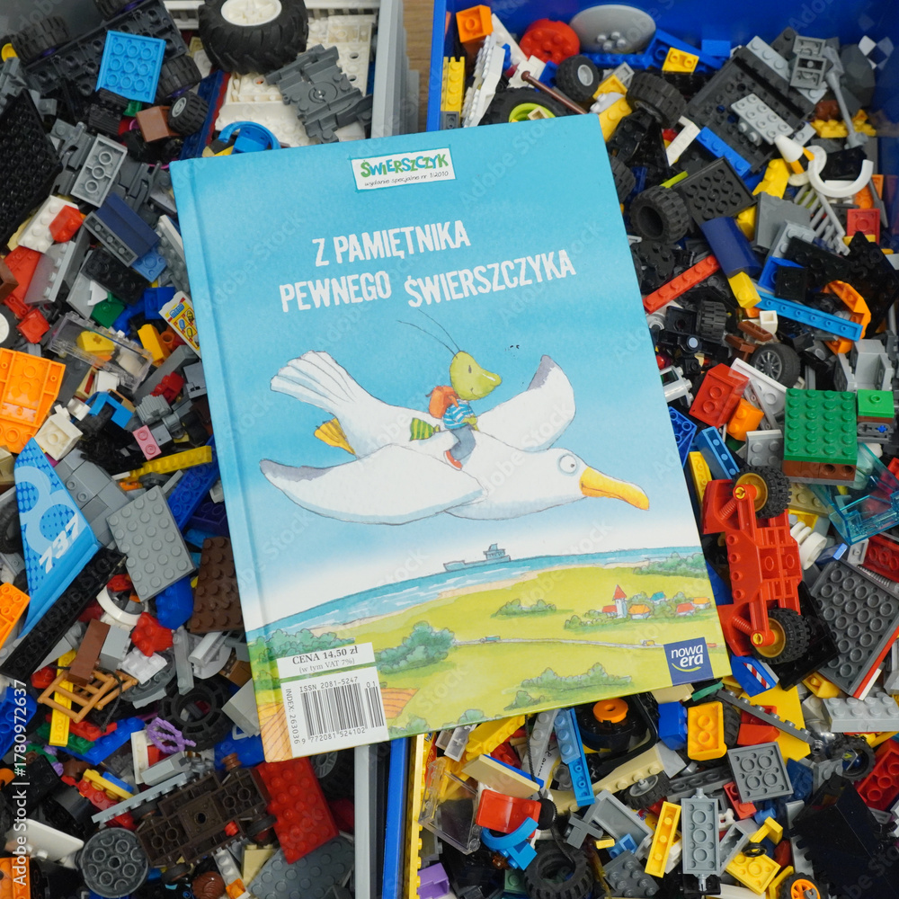 Obraz premium Book cover with a grasshopper riding a seagull over a landscape, among colorful toy blocks