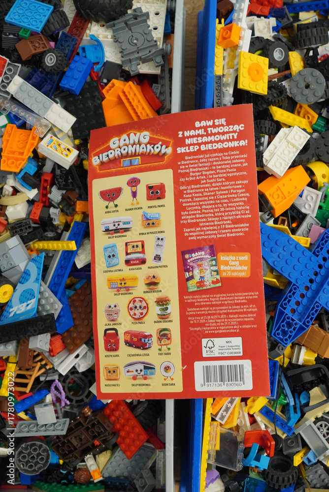 Obraz premium Colorful Lego bricks with a Biedronka Gang promotional card