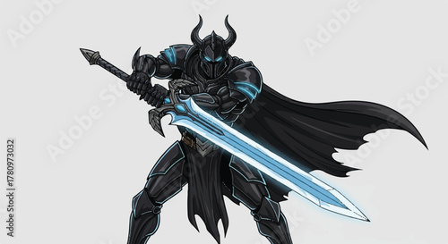 Intimidating Dark Fantasy Knight or Warrior in Black Armor Holding a Great Sword, Representing Power, Battle, or Medieval Fantasy