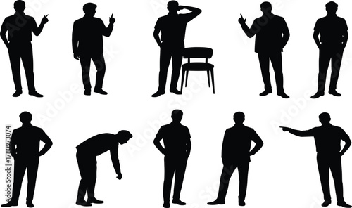 Male silhouette, standing pose, black graphic, vector illustration, pointing gesture, thoughtful posture, expressive stance, business icon, body language, communicationMale silhouette,