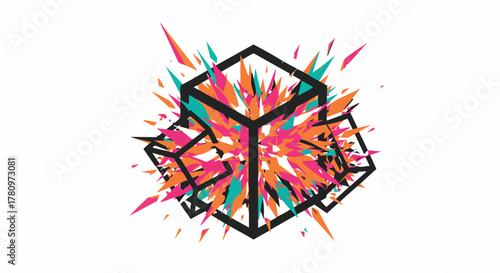 A dynamic abstract illustration features interconnected cube outlines erupting with a vibrant, colorful explosion of geometric shards, symbolizing creativity and innovation.